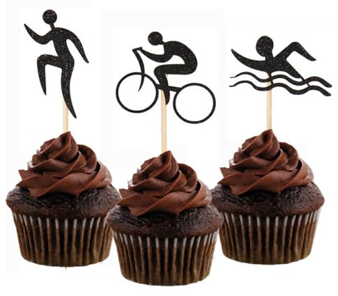 Morndew 24 PCS Black Glitter Triathlon Cupcake Toppers Swimming Running Cycling Picks for Sports Theme Party Anniversary Party Birthday Party Baby Shower Wedding Party Decorations