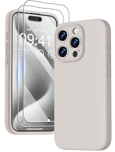 GOODVISH 3 in 1 für iPhone 15 Pro Hülle Liquid Silikon, mit 2 Schutzfolie [Upgraded Kameraschutz] Soft Mikrofaserfutter Handyhülle Kratzfest stoßfeste Schutz Case für iPhone 15 Pro 6.1, StoneGrey