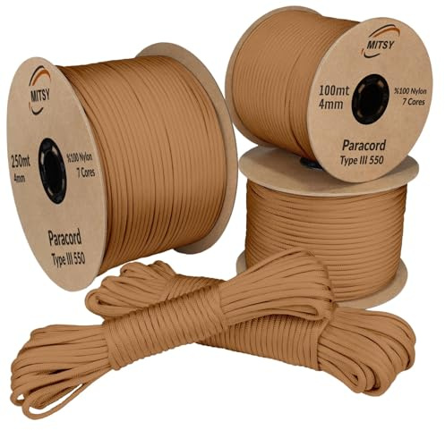 MITSY Paracord 550 Typ III Nylon Schnur 4 mm 100 Meter Mittelbraun | Fallschirmschnur, 7 Kern Seil, Reißfest & Wetterfest, Allzweckseil für Camping, Outdoor & Survival, 10m, 25m, 50m, 100m, 250m