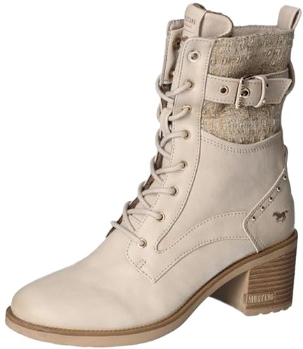 MUSTANG Damen Stiefelette Schnürboot mit Riemen und Blockabsatz 1441-507, Größe:41 EU, Farbe:Beige