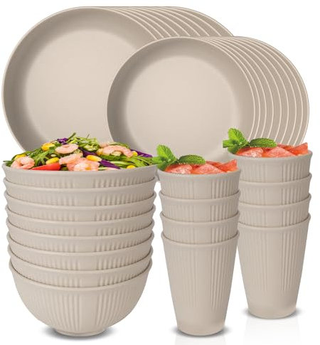 Juego de vajilla irrompible para 8 personas, juego de platos y tazones de plástico, juego de vajilla reutilizable, juego de cena para fiesta en casa, 16 platos, 8 tazones, 8 tazas