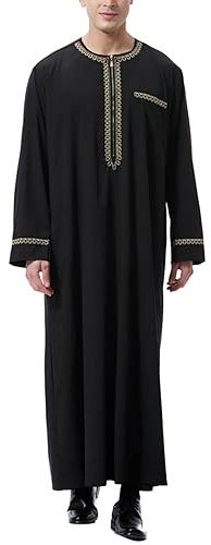 BeerMmay Herren Muslim Druck Kaftan Islamisch Royalty Dubai Robe O-Ausschnitt Lange Ärmel Retro Tuniken Abaya Lose Kandoura,Schwarz,XXXL