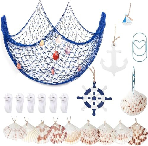 YSDMY Dekoratives Fischernetz 1M*2M Nautisches Fischnetz mit Muscheln,Segelboot,Steuerrad,Holzanker,bildaufhänger ,Bad Deko Maritim Büroklammern für die nautische Dekorationsparty zu Hause Deko Meer