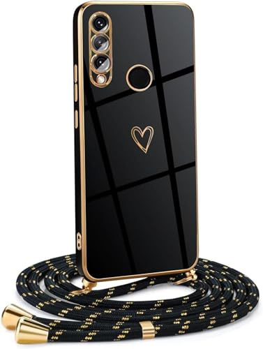 HomiTunky Handykette Hülle kompatibel mit Huawei P30 Lite mit Band -Ultra dünn Kameraschutz Herz Love Design Galvanik TPU Silikon Schutzhülle Kordel zum Umhängen,Schwarz