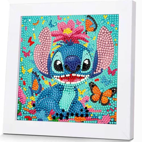 Stitch enfant Diamant Painting 5D,Broderie Papillon Peinture Diamant DIY Avec cadre en bois,Diamant Painting Dessin Animé,pour enfants et débutants,Décoration Maison décoration murale, 17 x 17cm