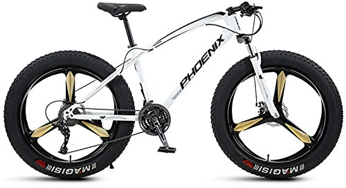 26-Zoll-Mountainbike für Jungen, Mädchen, Herren und Damen, Fatbike für Erwachsene, Strand- und Schneefahrrad aus Karbonstahl, Hardtail, Scheibenbremsen, Weiß, 3 Speichen, 27 Gänge