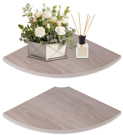 JJL Eckwandregal, 30 cm Tiefe fächerförmig Eckregal, 2er Set Holz Hängende Eckregale mit Drahtloch für Schlafzimmer Eckdekoration, Grau
