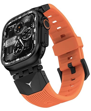 Fullmosa Bracelet Compatible avec Apple Watch 49mm robuste en silicone avec protecteurs d'écran pour homme, pour Apple Watch Ultra3/2/1 49mm,Orange+Noir