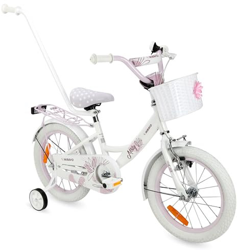 MIRAVO Kinderfahrrad Fahrrad Kinder Ab 3 Bis 6 Jahre Mit Stützrädern Schubstange V-Brake Bremsen Rückstrahl Aufkleber 16 Zoll Radgröße Korb Für Mädchen Misty Weiß Lila
