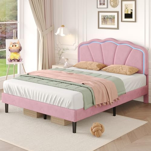 MYBOO 4ft6 Double Bed Frame Upholstered Platform Bed with LED Adjustable Shell Shape Headboard, Velvet Upholstered Bed, Sturdy Metal-Wood Support, No Box Spring Needed, Easy Assembly, Pink Double Bed