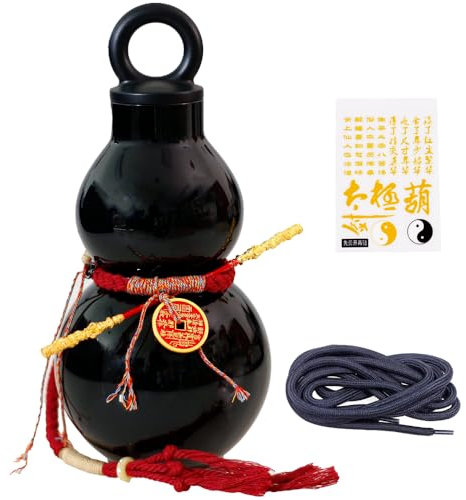 Lanxitown Botella de agua de calabaza de 800 ml, botella de agua estilo calabaza con mini gel dorado y moneda de cobre, cuerda decorativa y calcomanías de bricolaje de inspiración retro china
