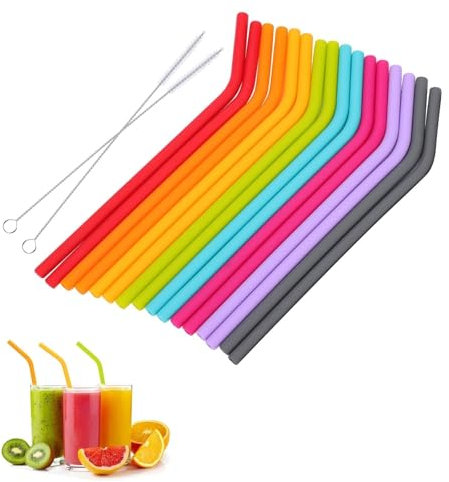 Risipu 16pcs Silicone Straws Colorful Soft Reusable Straws, Food-Grade Curved Straws with Cleaning Brush, Suitable for Children and Adults, Travel, Parties, Picnics.