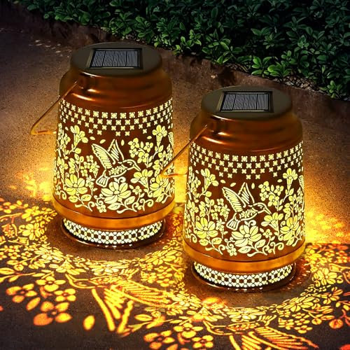 2 Stück Solarlaternen für Außen, Kolibri Solarlampen für Außen Hängend, Solarleuchten mit warmweißem Licht, Metall Gartenlaterne für Terrasse, Garten, Balkon, Hof, Weg, Deko