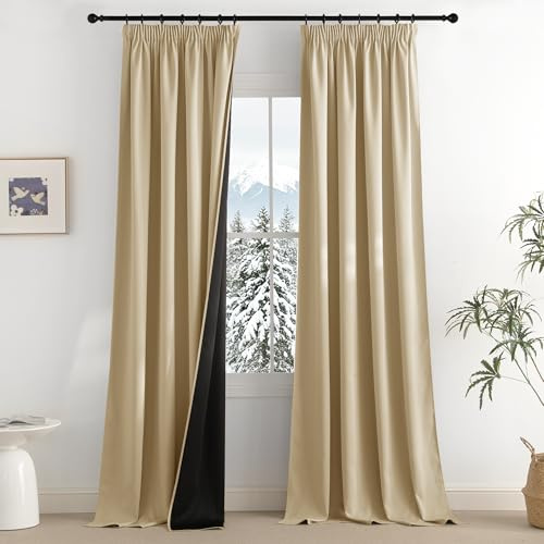 PONY DANCE 100% Blickdichte Gardinen mit Kräuselband Thermovorhänge | Kälteschutz, 2er Set H245 x B140 cm, Biscotti Beige, für Schienensystem, 100% Blickdicht, UV-Schutz, für Wohnzimmer