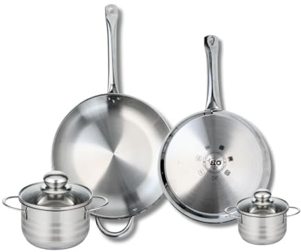 Elo Kochgeschirr, 2 Pfannen 28/32 cm, 2 Kochtöpfe 12/16 cm | Komplettes Kochen in einem Set, 4 Teile Edelstahl, 2 Pfannen 28 und 32 cm, 2 Kochtöpfe 12 und 16 cm, Induktion