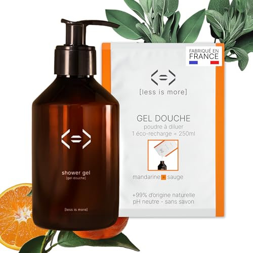 Less is More, Gel Douche Naturel en Poudre à Diluer Mandarine/Sauge, sans SLS, sans Savon, Kit Bouteille + 1 Recharge Ecologique sans Plastique à Usage Unique, 250ml à Reconstituer, Made in France