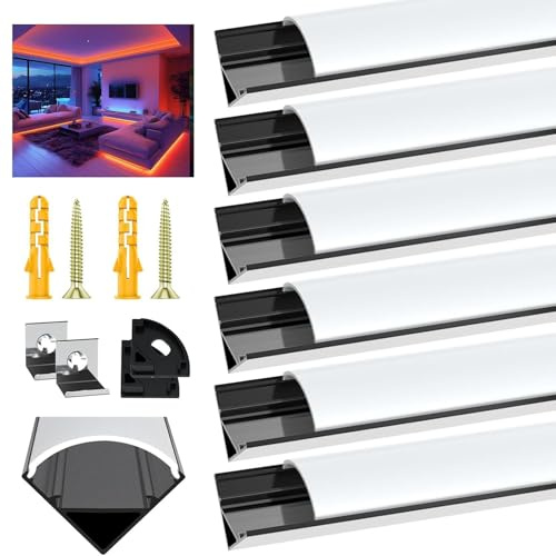 VEANANO Schwarz LED Profil für Led Stripes/Streifen/Strip, 6X1M Alu Profil V Form Eckprofil, Led Leiste Kanal with Milchig Weißer Abdeckung, Indirekte Beleuchtung Decke Diffusor (Kein Led-Streifen)