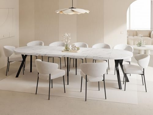 Esstisch Rund Groß XXL Ausziehbar im Loft-Stil – 100 bis 300 cm – Extra Lang Ausziehtisch mit Schwarzen Holzbeinen, Industrieller Tisch für 5-16 Personen – Esszimmertisch – Marmor Weiß