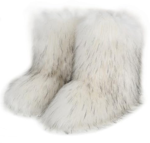 Femmes Linda Fluffy Bottes Chaud L'hiver Bottes de Neige with Faux Raccoon Fourrure Chaussures Custome Festival Chaussures Fourrurery Feet Paws Rave Fuzzy Leg Chauder Outdoor White-Black Size 41