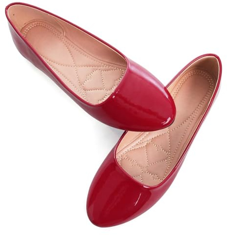 SAILING LU Womens Pointed Toe Ballet Flats Comfortable Solid Flat Shoes for Women Work Slip-Ons, 247-patent Leather-red, 8.5 UK
