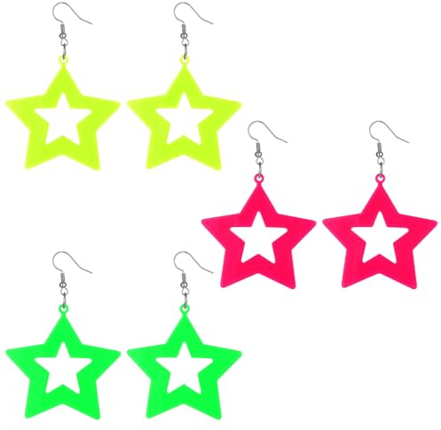 3 Stück Neon Ohrringe 80er 90er Jahre Stern Ohrringe Für Damen Leicht Und Bequem Perfekt Schmuck Retro Party Requisiten Neon Hängeohrringe Für 80er Kostüm Tanz Leuchtparty Zubehör