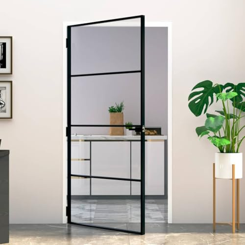 LoogCape Puerta interior negra de 102,5 x 201,5 cm de vidrio templado de aluminio, puerta de apartamento con cristal, marco para madera o plástico, diseño moderno para un espacio luminoso y una clara