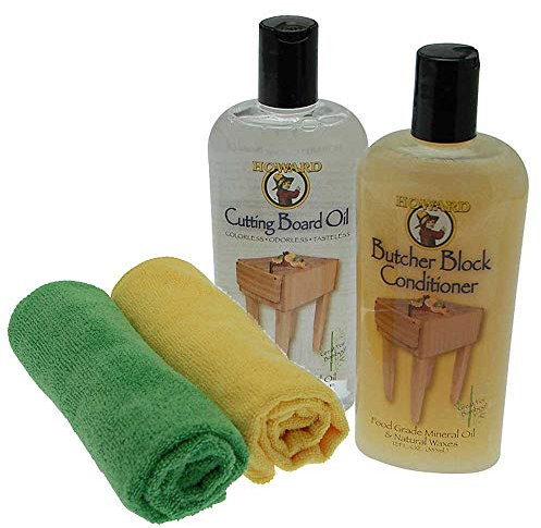 Howard Cutting Board Oil & Howard Butcher Block Conditioner (355ml) with Cloths For use on Butcher Blocks, Bread Boards, Chopping Boards and Wooden Kitchen Tools