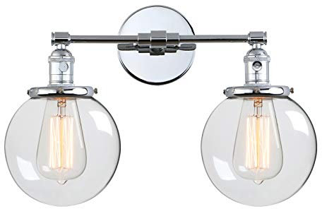 Phansthy Vintage Wandleuchte industrie Wandlampe 2 Flaming Klarglas Wandbeleuchtung,Loft-Wandlampe Retro Design Spiegelleuchte Schlafzimmerleuchte Küchenwandleuchte (Chrome Farbe)