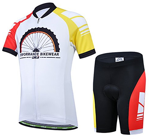 LSHEL Maillot de Cyclisme Unisex Manches Courtes + Short Ensemble pour Enfant, Top+Pantalon,Roues Rouge et Jaune, 11-12ans,150(Stature：140-150cm)