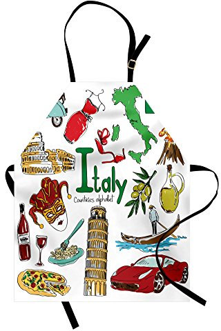 ABAKUHAUS Italia Grembiule, Divertimento colorato Stile Sketch, Comodo per la Cucina Unisex con Collo Regolabile per Cucinare Cuocere Arrostire e Giardinaggio, Verde Rubino