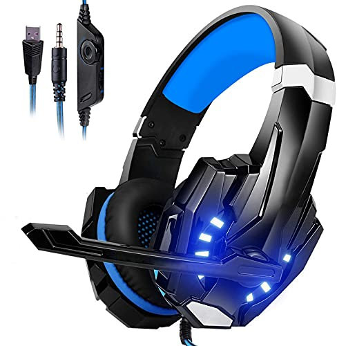 Galopar gaming headset, gamer headset with microphone, Basse Stereo audio, LED atmosphere light 3.5-mm jack compatible with PS4 / Xbox One/PC/Laptop/Nintendo Switch and smartphones – Blue