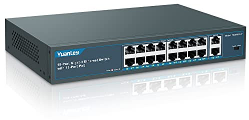 YuanLey 18 Porte Gigabit PoE Switch, 16 Porte PoE+ 1000 Mbps, 2 Gigabit Uplink, 250W 802.3af/at, Desktop Metallo/montaggio su rack, Switch di Rete Plug and Play Non gestito