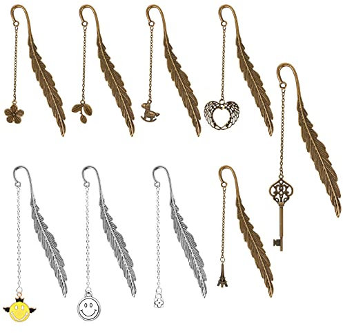 Dadabig 9 Stück Metall Lesezeichen mit Anhänger, Elegante Vintage Feder Lesezeichen Stilvolle Lesezeichen Geschenk für Erwachsene Kinder Leser