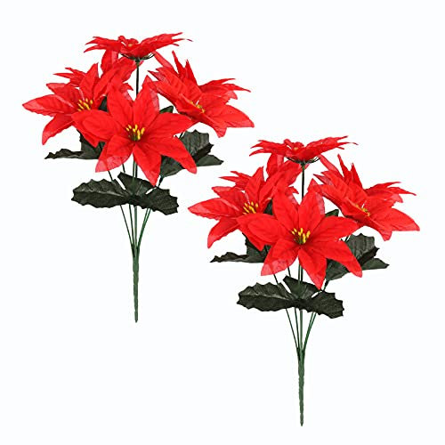 DEDEMCO Künstlicher Weihnachtsstern, 6 Köpfe, rote Weihnachtssterne, Büsche, Seide, künstlicher Weihnachtsstern, Blumenstrauß mit grünen Blättern, für drinnen und draußen, Zuhause, Tischvase,