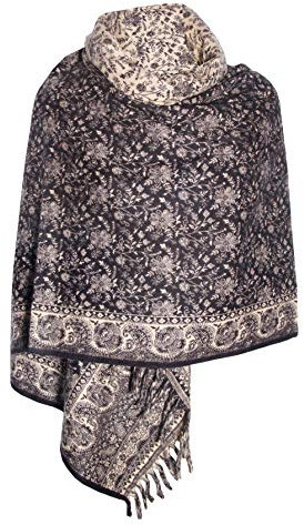 TIBET Yak-Schal / Schal aus reiner Yakwolle, florales Muster, Unisex, übergroß, doppelseitig, luxuriös, Schwarz