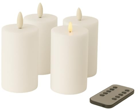 Fachhandel Plus LED Kerzen mit Timer – Stumpenkerzen aus Echtwachs mit 3D Flamme & Fernbedienung – LED Echtwachskerzen in verschiedenen Farben & Größen – Ø 6,5/7,5 cm (Weiß, 15 x 7,5 cm)