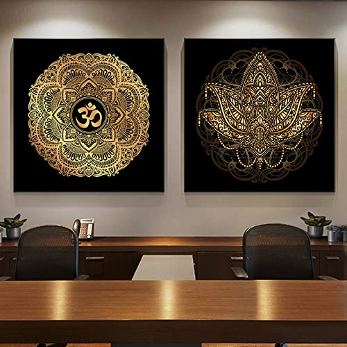 Moderne Goldene Mandala Lotus Wand Bilder Leinwand Bild Religion Poster Hd-Drucke FüR Wohnzimmerdekoration Wohnkultur Rahmenlos 60×60cm×2 StüCk