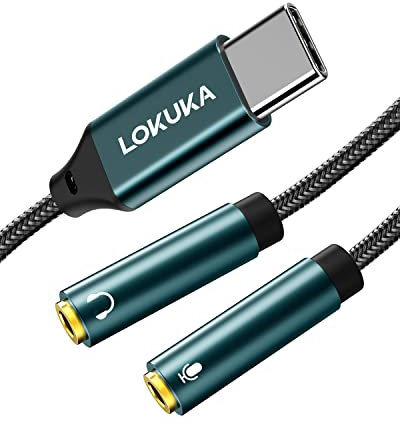 LOKUKA USB C to 2 TRS 3.5mm Headphone Mic Splitter Adapter, Build-in Hi-Res DAC Chip for Dual-Plug PC Gaming Headset to Type-C Laptop, Tablet, Mobile Phone, and More (30 cm)