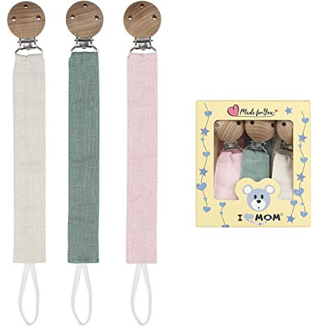 RUBY Schnullerkette Stoff Set,Schnullerband Baumwolle,Cotton Schnullerkette MäDchen und Schnullerkette Junge,Schnullerketten mit Buchenholz Clip (Grün-1)