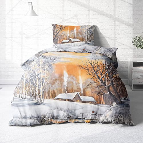 Träumschön Biber Bettwäsche Set 2tlg 155x220 cm + 80x80 cm – Flauschige Winterbettwäsche – Weiche Winterbettwäsche Schneelandschaft - Atmungsaktiv, Warm & Hautfreundlich - 100% Baumwolle