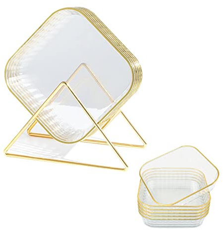 Lot de 6 mini assiettes à dessert réutilisables avec support de rangement, assiettes carrées transparentes bords dorés pour salade collation, petites fête assiettes de service (transparent)