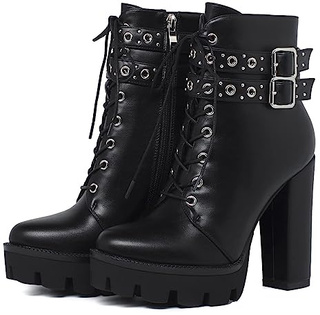 KiutSymo Gothic-Stiefeletten für Damen, Nieten, Schnallenriemen, klobige High Heels, Plateau-Stiefel, Schnürstiefel, Punk, Kampfstiefel