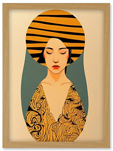 Wee Blue Coo Retro Woman Mid Century Bohemian Yellow Art Nouveau Artwork Framed Wall Art Print A4