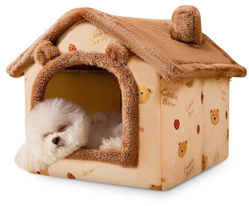 ALLSOPETS Hundehütte Indoor Faltbares Katzenhöhlenbett Warmes und Gemütliches Hundebett mit Abnehmbarem Kissen Bequemes Haustierbett für Hunde Katzen Welpen Kätzchen (Khaki, L)