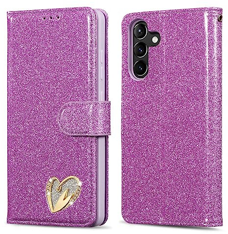 QLTYPRI Samsung Galaxy A54 5G Hülle, Glitzer Handyhülle PU Ledertasche Handschlaufe Kartenfach mit Eingelegten Herz Diamond Schutzhülle für Samsung Galaxy A54 - Violett