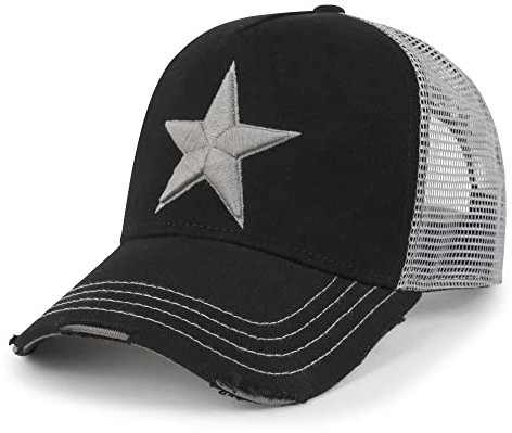 ililily Premium Star Embroidery Cotton Trucker Hat Distressed Baseball Cap, Black Mesh/Grey, X-Large