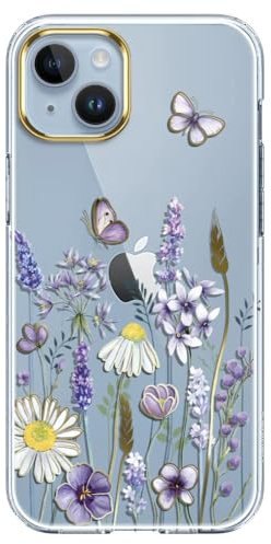 luolnh Compatible with iPhone 14 Plus Case with Flowers,for Girly Women,Shockproof Clear Floral Pattern Hard Back Cover for iPhone 14 Plus 6.7 inch -Yellow Purple Wildflower