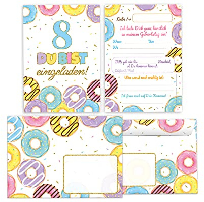 Minkocards 12 Einladungskarten incl. 12 Umschläge zum achten Kindergeburtstag 8. Geburtstag Mädchen Donuts bunte Einladungen zum Geburtstag Kinder Einladungsset