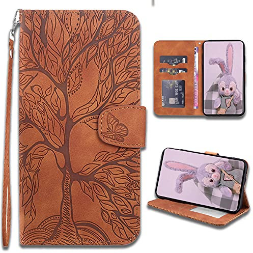 LEINOTWANCH Coque pour Samsung Galaxy J6+(2018)/J6 Plus (2018) Rabat,Relief Arbre de Vie Cuir/Antichoc Flip Cover Case,Housse Clapet,Portefeuille Etui avec Fonction Support et Porte-Carte.Brun