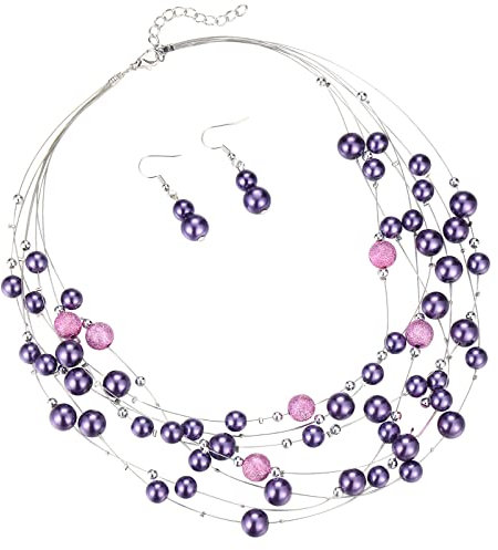 FULU AUTUMN Layered Pearl Necklace Beaded Silver Choker Handmade Boho Statement Costume Necklaces Fashion Jewellery Gifts for Women(37-Purple)